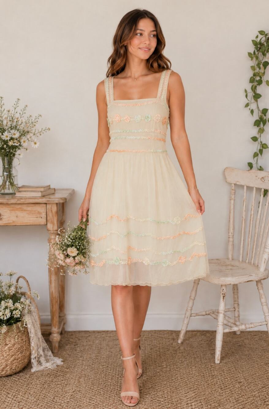 Papillon Cream Cottagecore Dress Pastel Embroidered Mesh Romantic Fairycore